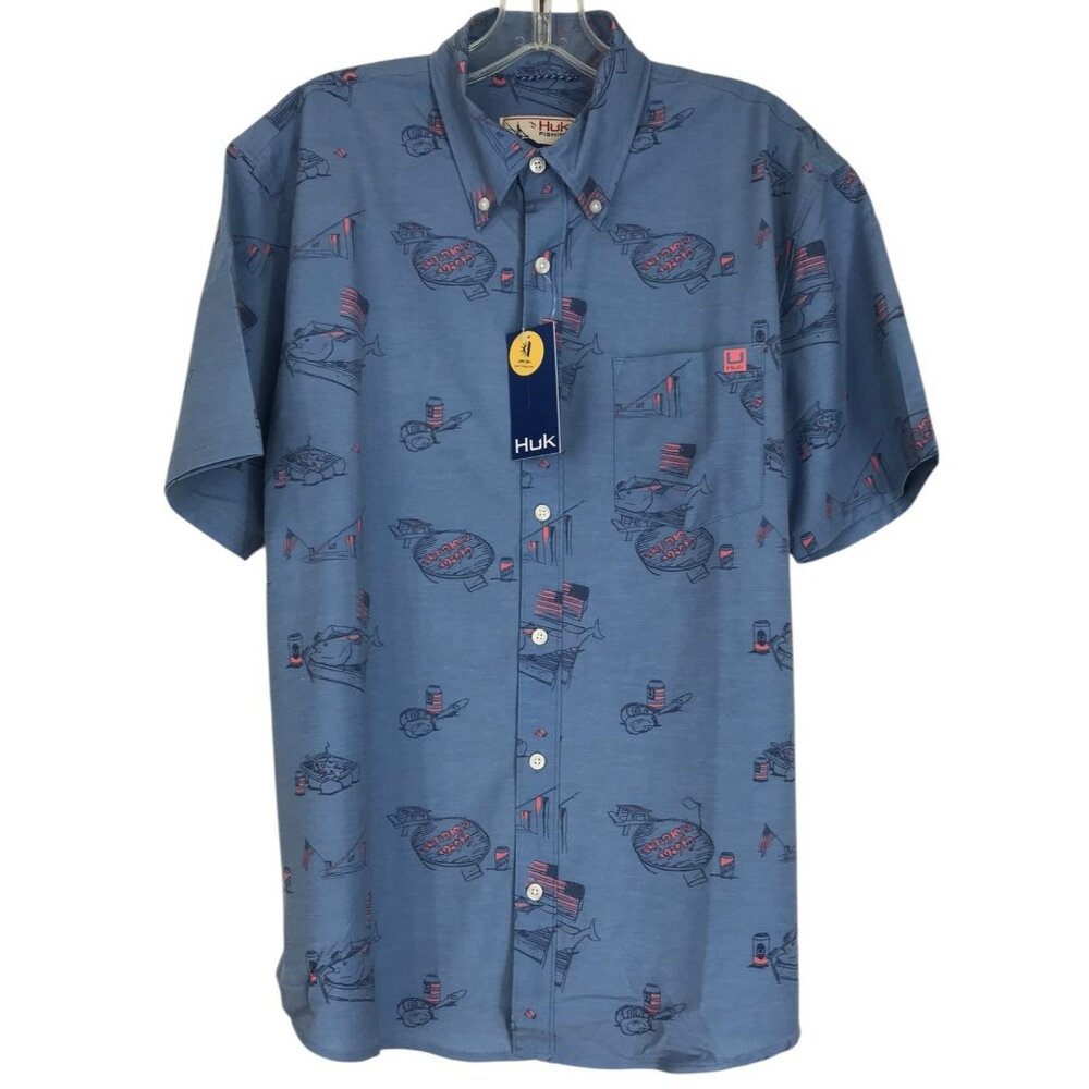 Huk Fishing Men Medium‎ Shirt Americookin Kona Button Blue USA Flag Patriotic